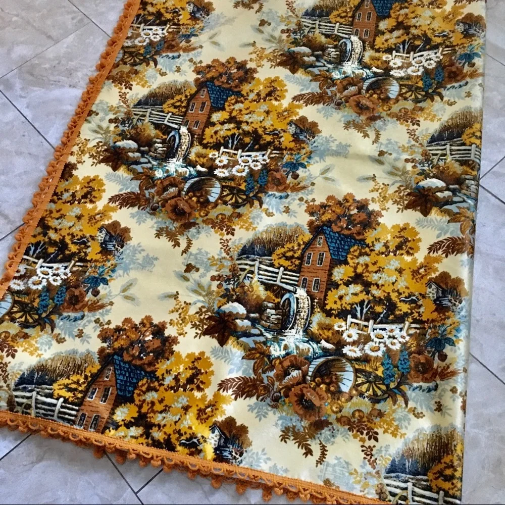 Vintage 70s Country Cottage Water Wheel Tapestry Pom Pom Edges | 56” x 72”